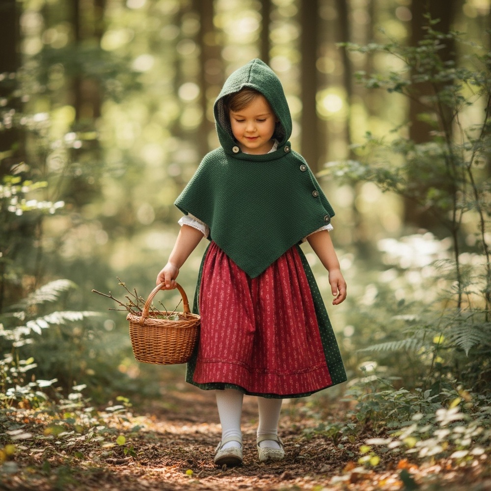 Wild & Wald | Green Knit Hooded Wool Caplet Poncho Cape Kids | Embroidered Deer
